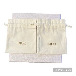 Dior Drawstring Set of 2 Pouch, Brand New Never Used, White Canvas w. Gold Logo